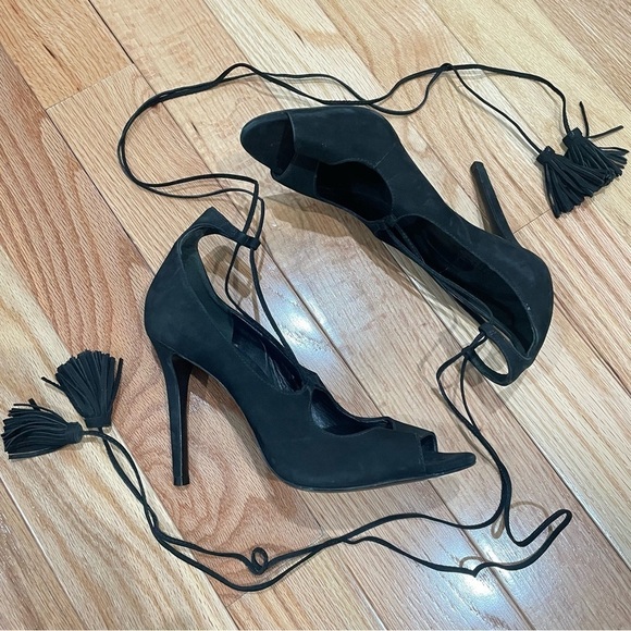 SCHUTZ Black Suede Lace Up Tassel Ankle Wrap Open Toe High Heel Yassu Sandals 10 - Picture 2 of 9